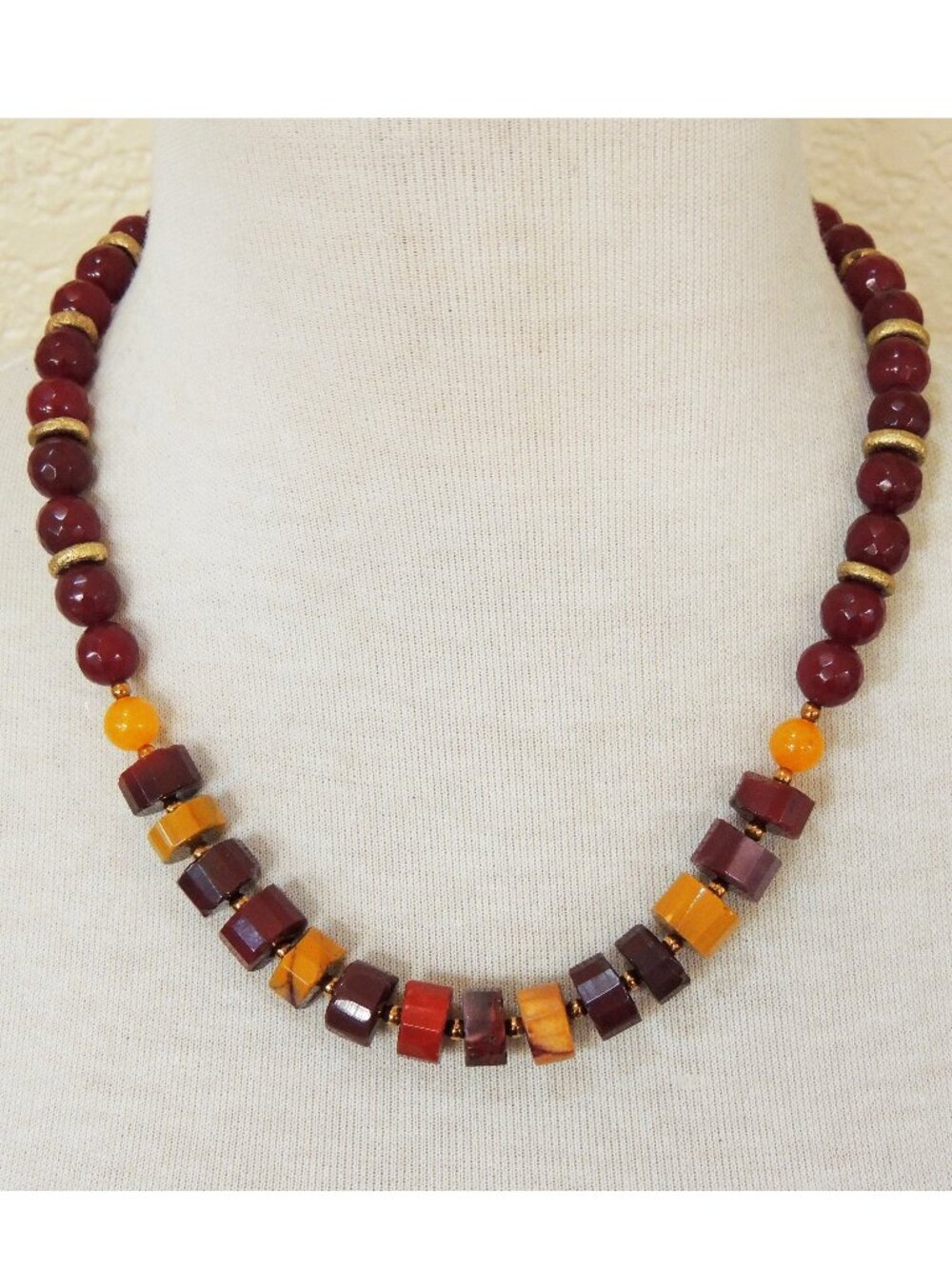 Elegant Burgundy Red & Mustard Yellow Mookaite & Jade Strand Statement Necklace